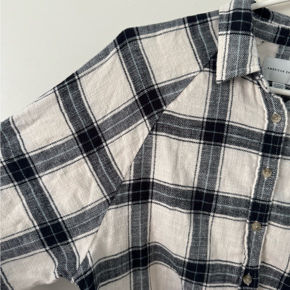 American Eagle Plaid Balloon Sleeve Flannel Button Up Shirt XS White Cream Black - Picture 4 of 8